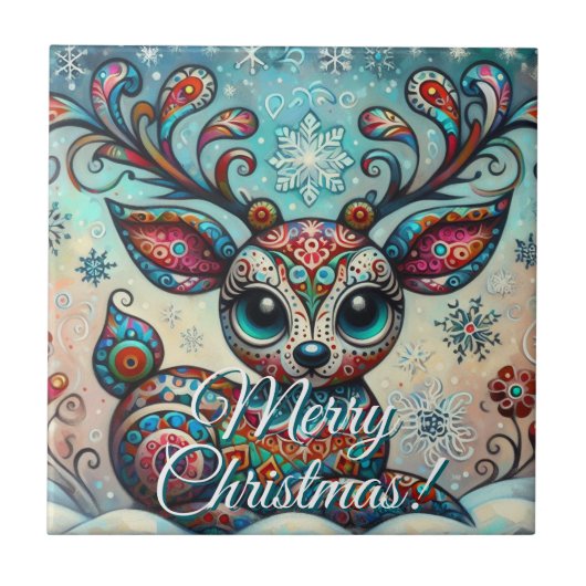 Big Eye Christmas Reindeer Folk Art Personalized タイル (正面)