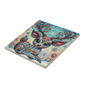 Big Eye Christmas Reindeer Folk Art Personalized タイル (側面)