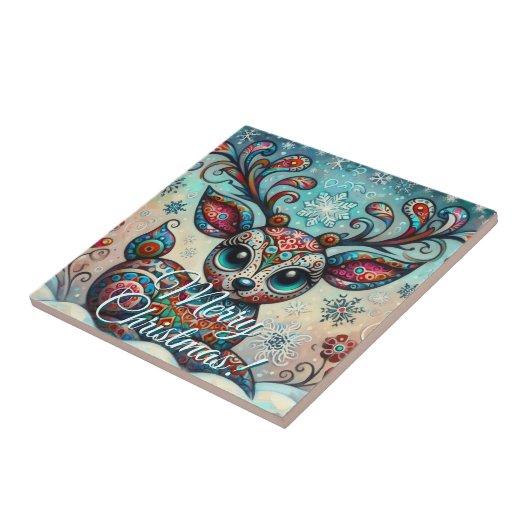 Big Eye Christmas Reindeer Folk Art Personalized タイル (側面)