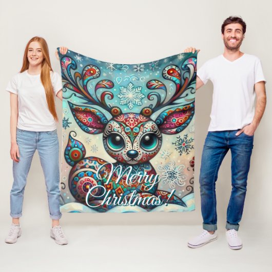 Big Eye Christmas Reindeer Folk Art Personalized フリースブランケット (インサイチュ)