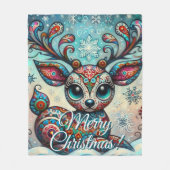 Big Eye Christmas Reindeer Folk Art Personalized フリースブランケット (正面)