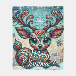 Big Eye Christmas Reindeer Folk Art Personalized フリースブランケット