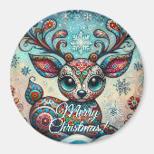 Big Eye Christmas Reindeer Folk Art Personalized マグネット (正面)