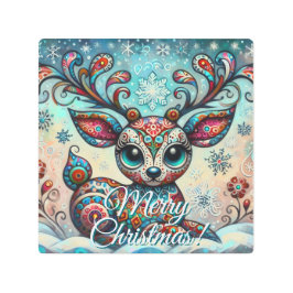 Big Eye Christmas Reindeer Folk Art Personalized メタルプリント