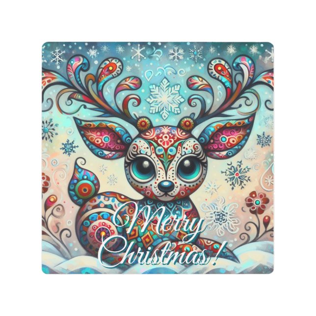 Big Eye Christmas Reindeer Folk Art Personalized メタルプリント (正面)