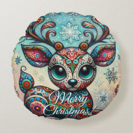 Big Eye Christmas Reindeer Folk Art Personalized ラウンドクッション