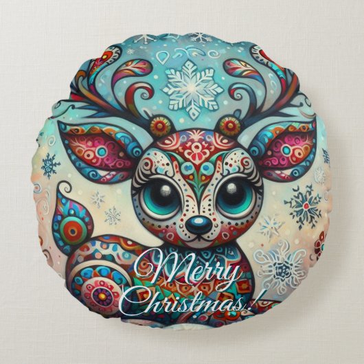 Big Eye Christmas Reindeer Folk Art Personalized ラウンドクッション (正面)