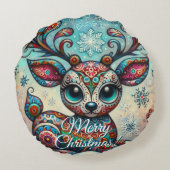 Big Eye Christmas Reindeer Folk Art Personalized ラウンドクッション (裏面)