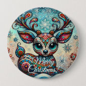 Big Eye Christmas Reindeer Folk Art Personalized 缶バッジ (正面)