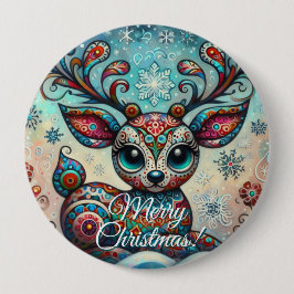 Big Eye Christmas Reindeer Folk Art Personalized 缶バッジ