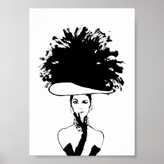 Big Feathered Hat Vintage Fashion Illustration ポスター (正面)