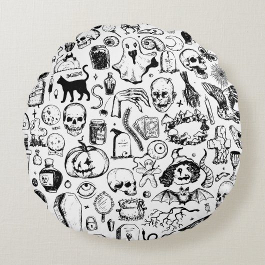 Big halloween doodles collection. Hand drawn vinta ラウンドクッション (正面)