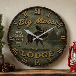 Big Moose Lodge Rustic Cabin Woodland Lake Lodge ラージ壁時計
