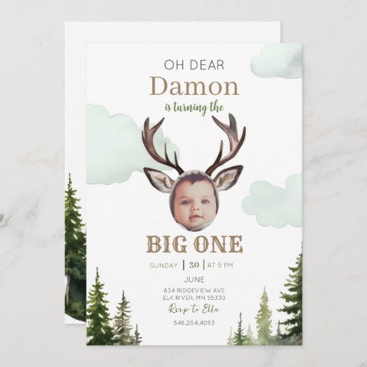 Big One Hunting First Birthday Photo Invitation 招待状 (正面/裏面)