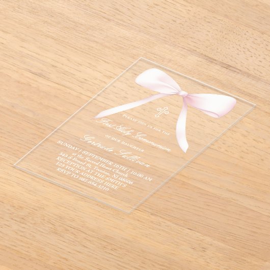 big pink bow | First Communion アクリル招待状 (レイダウン)