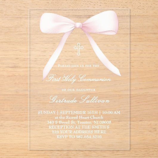 big pink bow | First Communion アクリル招待状 (正面)
