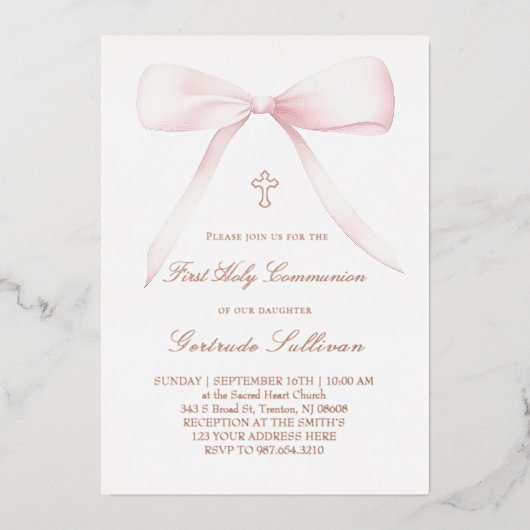 big pink bow | First Communion 箔招待状 (正面)