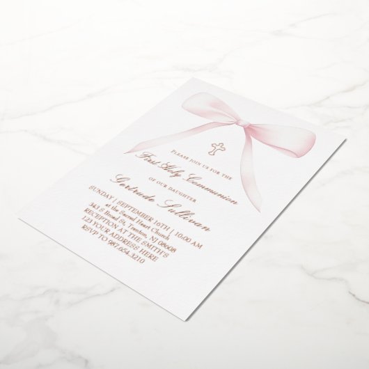 big pink bow | First Communion 箔招待状 (回転した状態)