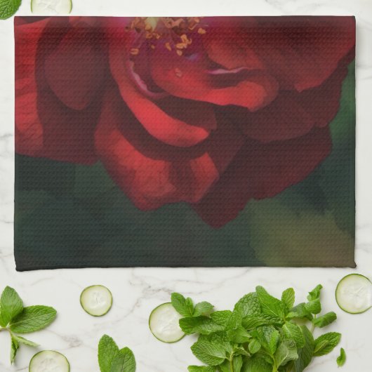 Big Red Dramatic Rose Art Kitchen Towel キッチンタオル (折り畳み)