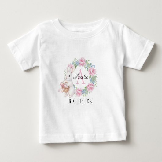 Big Sister Bunny Shirt Personalized Pink Floral ベビーTシャツ (正面)