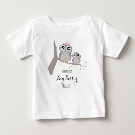 Big sister cute owls name and date ベビーTシャツ (正面)