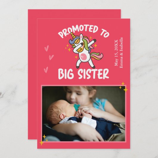 Big Sister Unicornフォトベビー誕生に昇格 案内状 (正面/裏面)