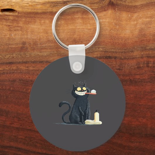 Big Smiling Cat With Toothbrush For Teeth Brushing キーホルダー (正面)