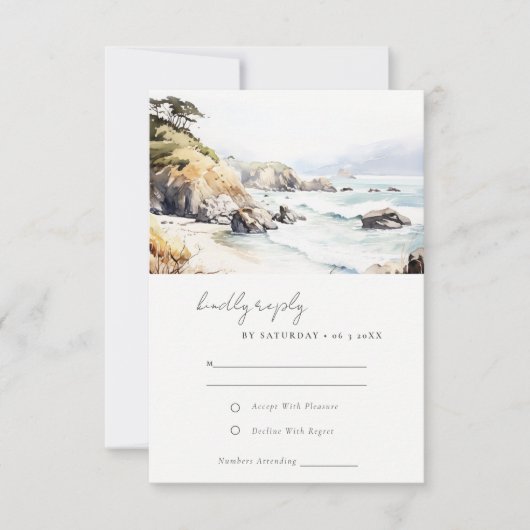 Big Sur, California Landscape Watercolor Wedding 出欠カード (正面)