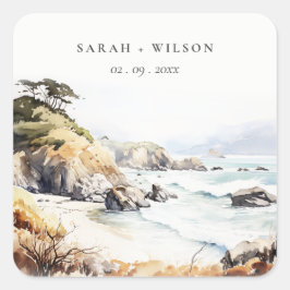 Big Sur, California Watercolor Landscape Wedding スクエアシール