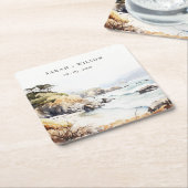 Big Sur, California Watercolor Landscape Wedding スクエアペーパーコースター (アングル)