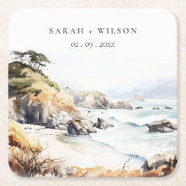 Big Sur, California Watercolor Landscape Wedding スクエアペーパーコースター