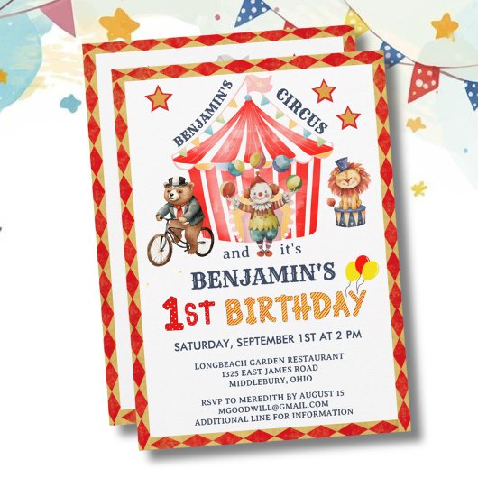 Big Top Circus Carnival Boy 1st Birthday  招待状