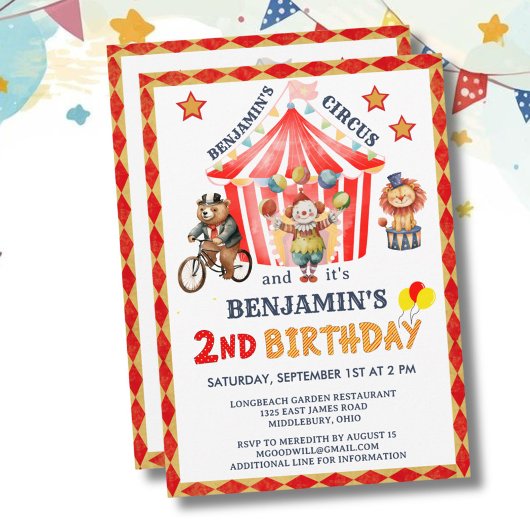 Big Top Circus Carnival Boy 2nd Birthday 招待状