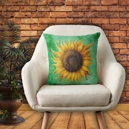 Big Yellow Sunflower Ornate Petals Shades of Green クッション