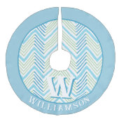 Big Zag Chevron in Green + Aqua Personalized フェイクリネンツリースカート (正面)
