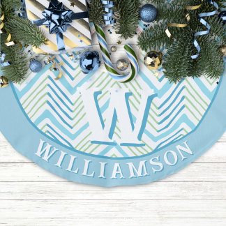 Big Zag Chevron in Green + Aqua Personalized フェイクリネンツリースカート