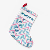 Big Zag Chevron in Pink + Aqua Personalized スモールクリスマスストッキング (正面 (吊り時))