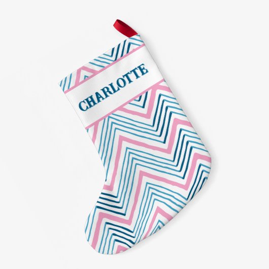 Big Zag Chevron in Pink + Aqua Personalized スモールクリスマスストッキング (裏面 (吊り時))