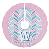 Big Zag Chevron in Pink + Aqua Personalized フェイクリネンツリースカート (正面)