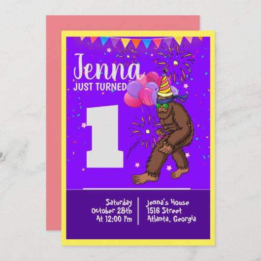 Bigfootかわいい子供の誕生日カードパーソナライズ年齢 招待状 (正面/裏面)