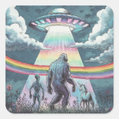 Bigfoot、エイリアン、UFOを持つユニコーン スクエアシール (正面)