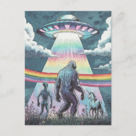 Bigfoot、エイリアン、UFOを持つユニコーン ポストカード