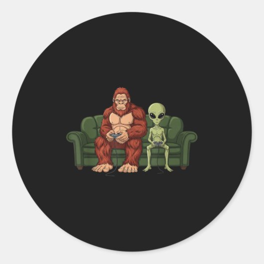 Bigfoot Alien Video Games Gaming Sasquatch Ufo Men ラウンドシール (正面)