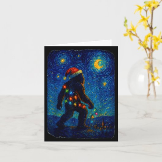 Bigfoot Christmas Sasquatch Santa Hat Starry Night カード (黄色い花)