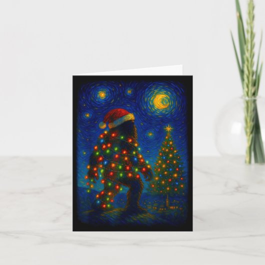Bigfoot Christmas Sasquatch Santa Hat Starry Night カード (正面)