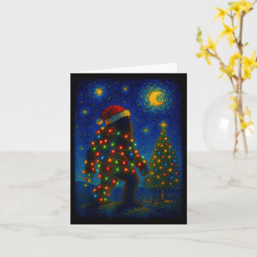 Bigfoot Christmas Sasquatch Santa Hat Starry Night カード (黄色い花)