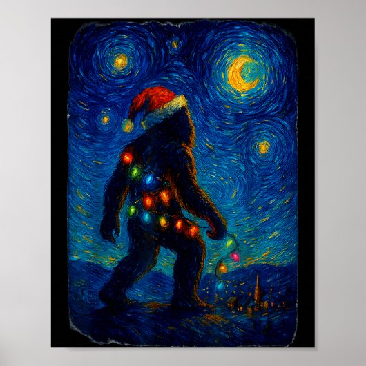 Bigfoot Christmas Sasquatch Santa Hat Starry Night ポスター (正面)