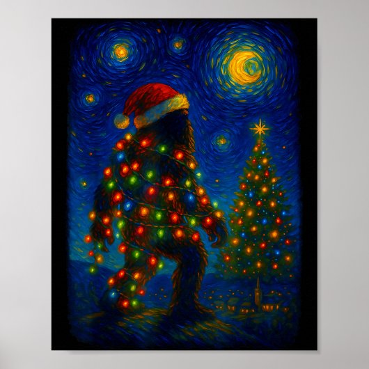 Bigfoot Christmas Sasquatch Santa Hat Starry Night ポスター (正面)