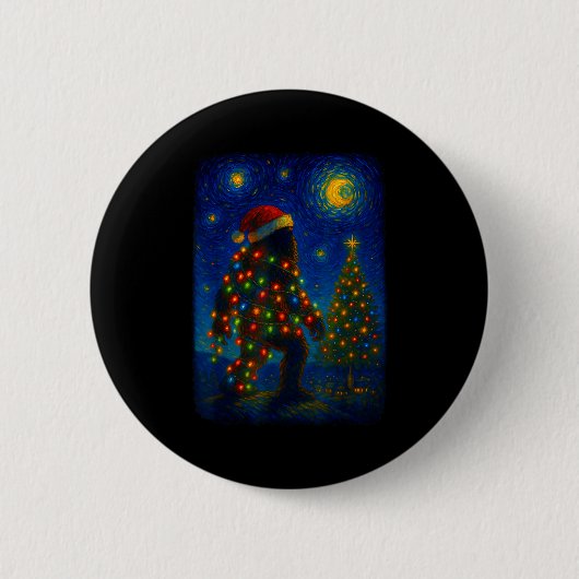 Bigfoot Christmas Sasquatch Santa Hat Starry Night 缶バッジ (正面)