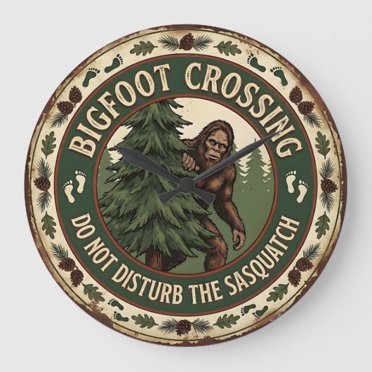 Bigfoot Crossing Sasquatch Rustic ラージ壁時計 (正面)